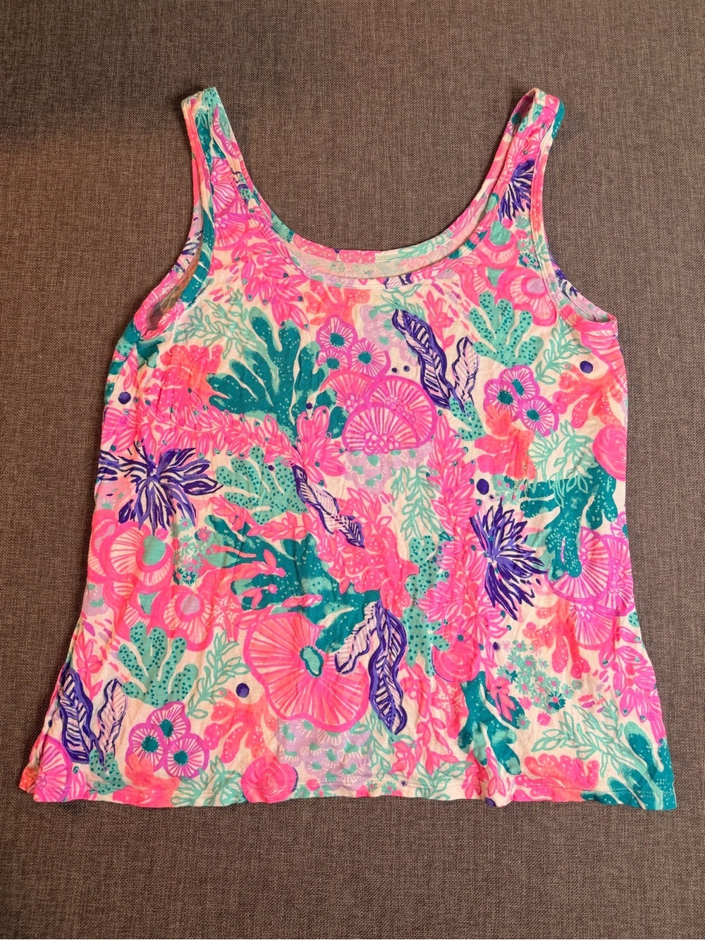 Lilly Pulitzer Vibrant Coral Multicolor Design Scoop Neck Sleeveless Size L